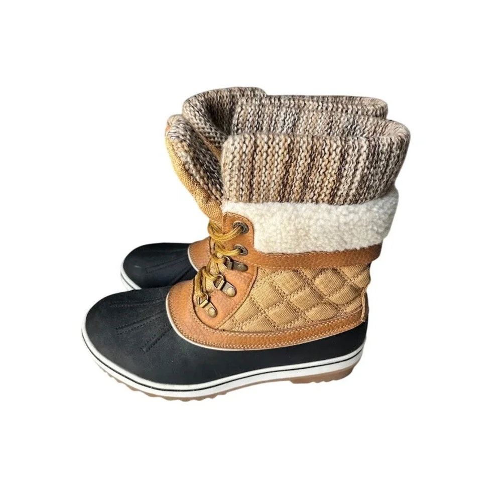 Globalwin Winter Boots Women 8 Tan Excellent Quilted Knit Cuff Duck Boots